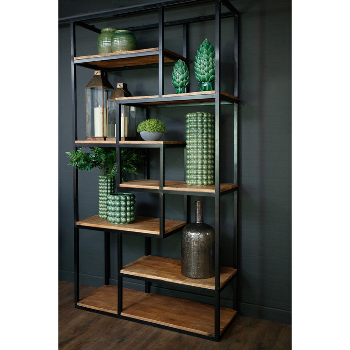 Multi-Shelf Industrial Storage Unit – Rustic Wood & Black Metal