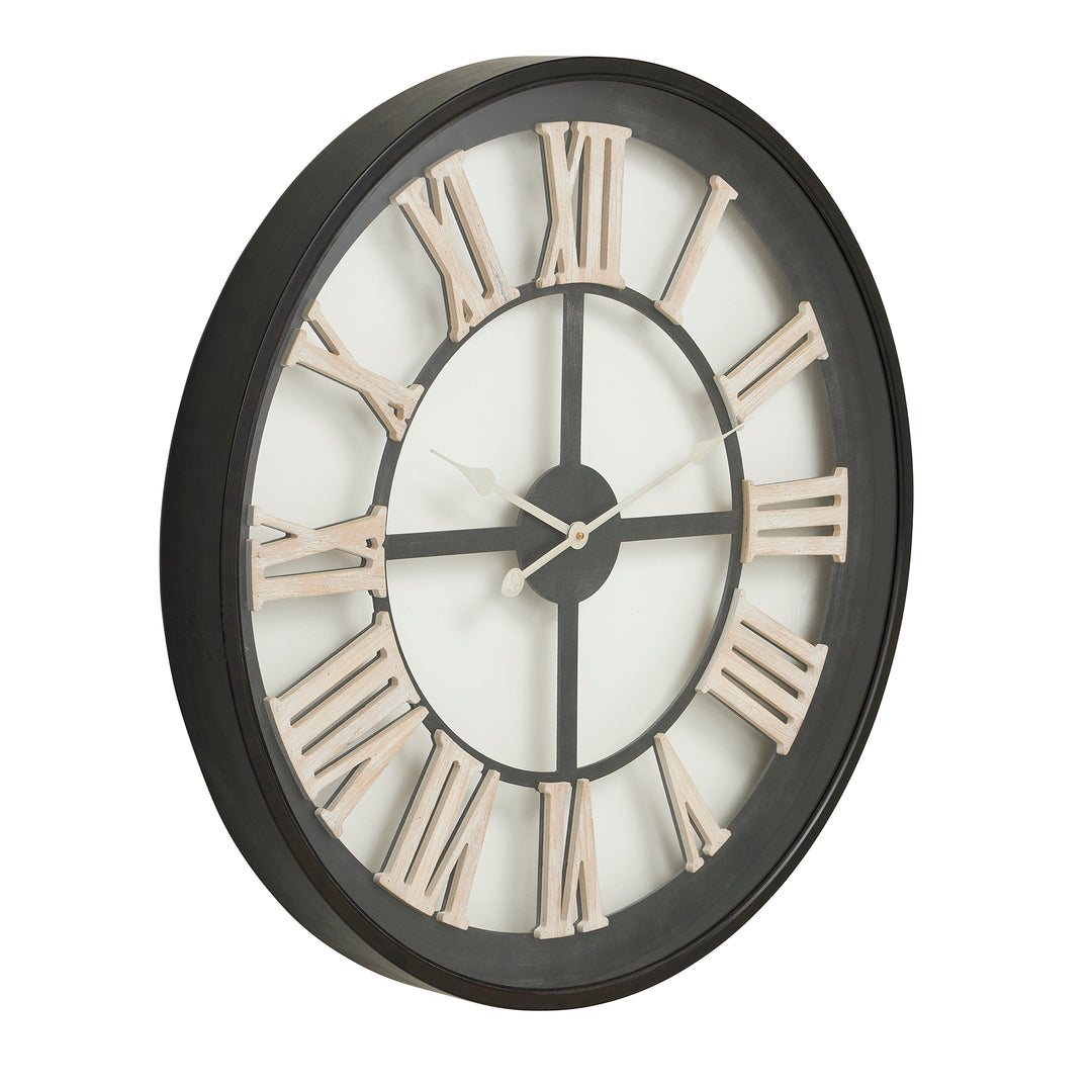 Black Frame Skeleton Clock with White Roman Numerals
