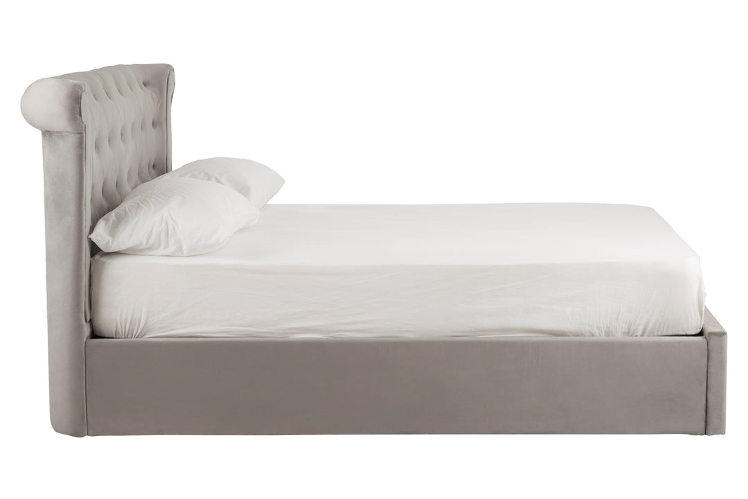 Edison Ottoman Double Bed in Grey Velvet Upholstery