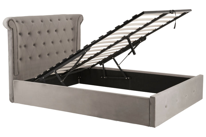 Edison Ottoman Double Bed in Grey Velvet Upholstery