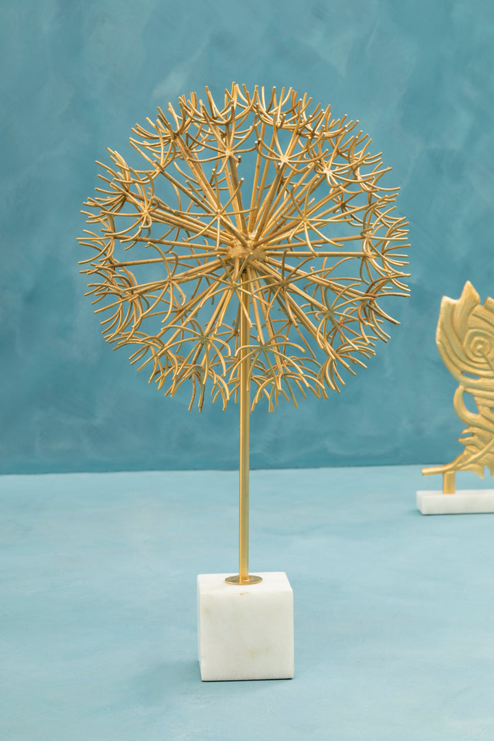 Evra Gold Dandelion Sculpture On White Marble Base