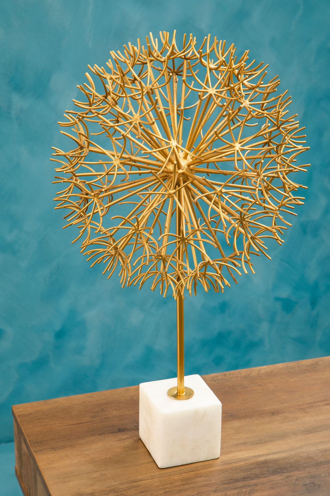 Evra Gold Dandelion Sculpture On White Marble Base