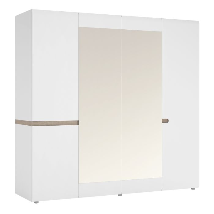 Chelsea Bedroom 4 Door Wardrobe with Mirrored Panels in White & Truffle Oak Trim