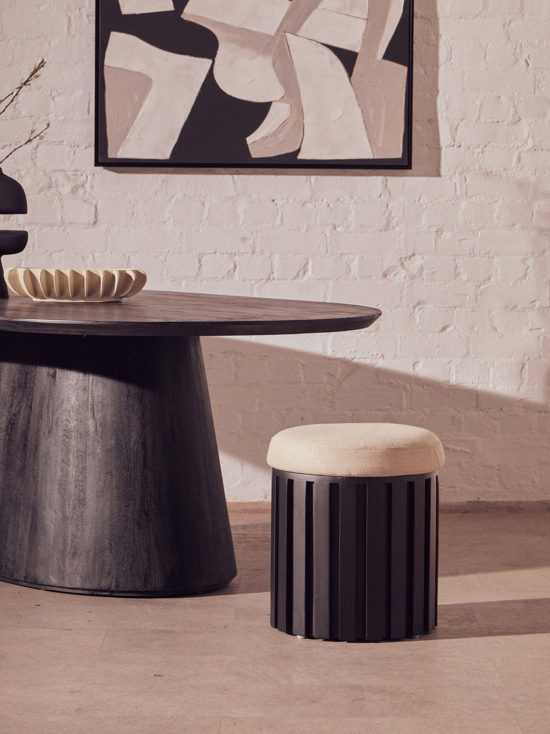 Perdoba Black Mango Wood Stool with Textured Fabric Seat