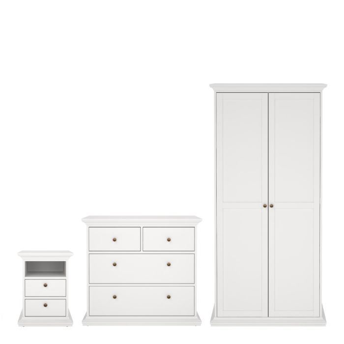 Paris 3 Piece Bedroom Furniture Package – 2 Drawer Bedside, 4 Drawer Chest & 2 Door Wardrobe in White