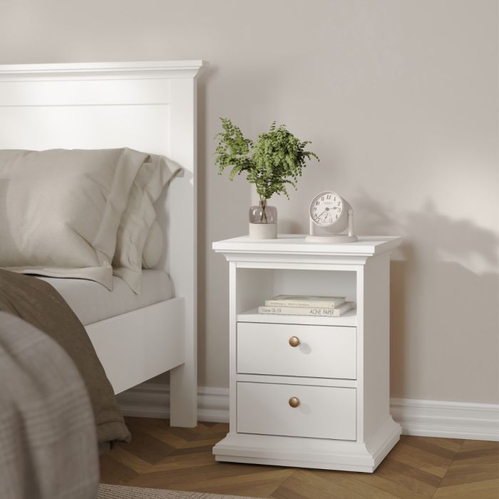 Paris 3 Piece Bedroom Furniture Package – 2 Drawer Bedside, 4 Drawer Chest & 2 Door Wardrobe in White