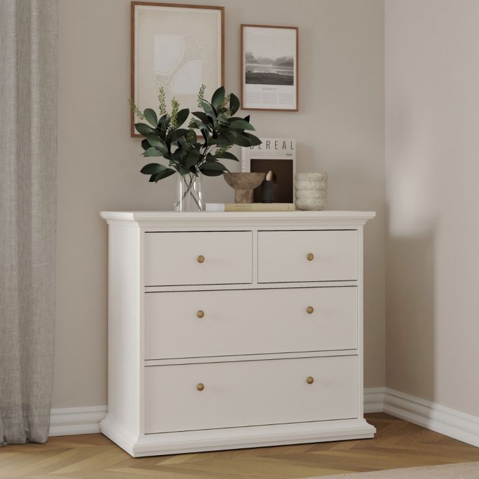 Paris 3 Piece Bedroom Furniture Package – 2 Drawer Bedside, 4 Drawer Chest & 2 Door Wardrobe in White