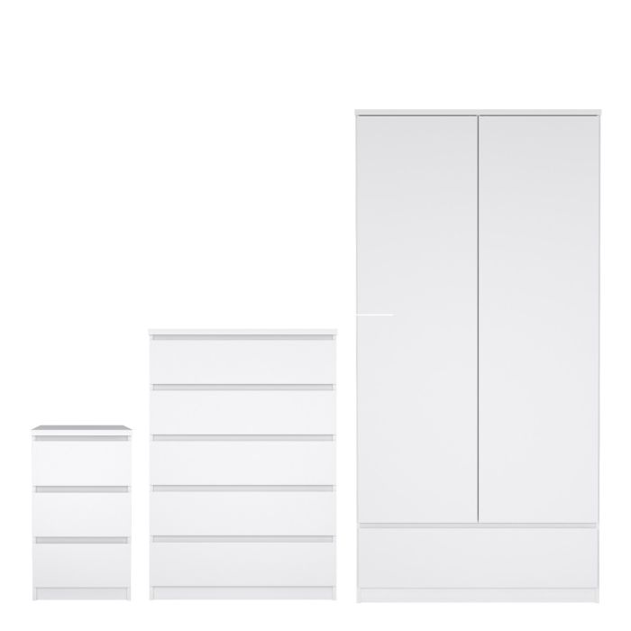Naia 4 Piece Bedroom Furniture Package – 3 Drawer Bedside, 5 Drawer Chest, 2 Door 1 Drawer Wardrobe in White High Gloss