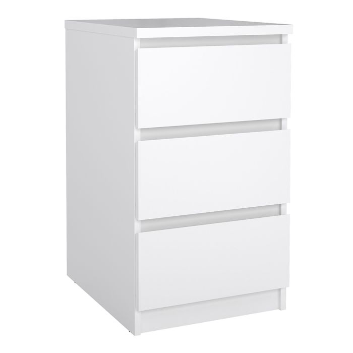 Naia 4 Piece Bedroom Furniture Package – 3 Drawer Bedside, 5 Drawer Chest, 2 Door 1 Drawer Wardrobe in White High Gloss