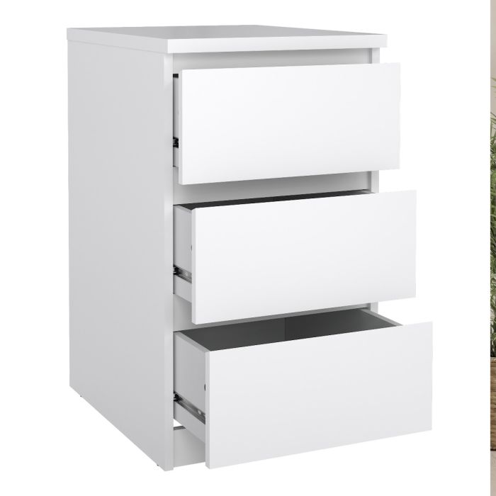 Naia 4 Piece Bedroom Furniture Package – 3 Drawer Bedside, 5 Drawer Chest, 2 Door 1 Drawer Wardrobe in White High Gloss