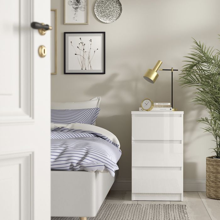Naia 4 Piece Bedroom Furniture Package – 3 Drawer Bedside, 5 Drawer Chest, 2 Door 1 Drawer Wardrobe in White High Gloss