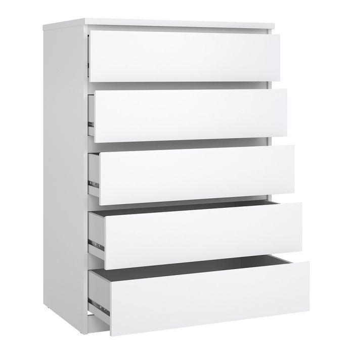 Naia 4 Piece Bedroom Furniture Package – 3 Drawer Bedside, 5 Drawer Chest, 2 Door 1 Drawer Wardrobe in White High Gloss