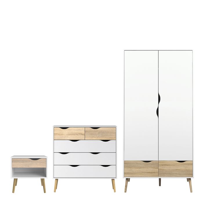 Oslo 3 Piece Bedroom Furniture Set – 1 Drawer Bedside, 5 Drawer Chest (2+3) & 2 Door 2 Drawer Wardrobe in White & Oak
