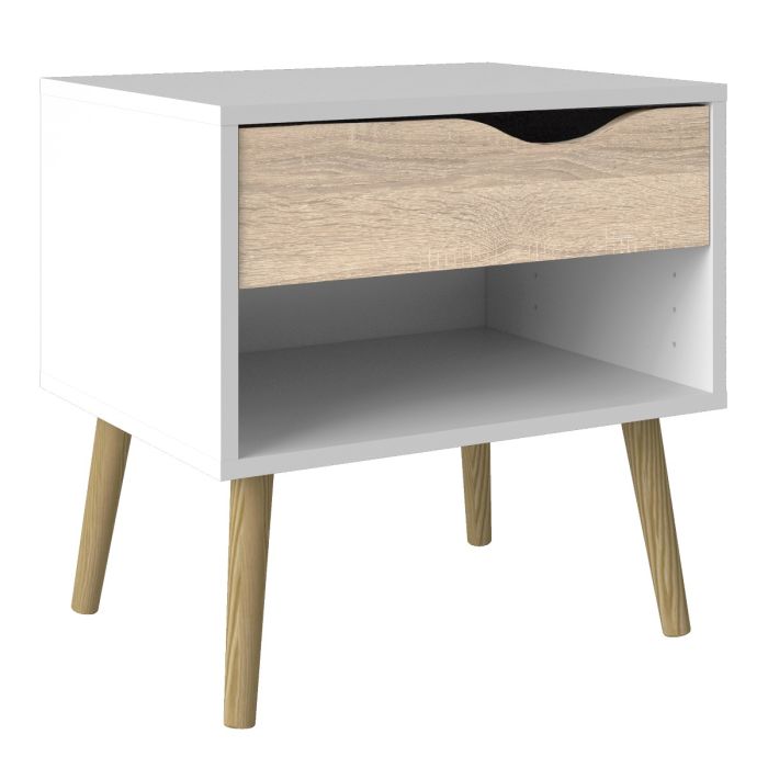 Oslo 3 Piece Bedroom Furniture Set – 1 Drawer Bedside, 5 Drawer Chest (2+3) & 2 Door 2 Drawer Wardrobe in White & Oak