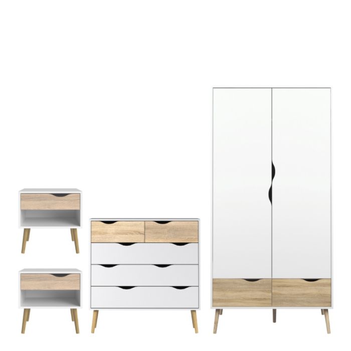 Oslo 4 Piece Bedroom Furniture Set – 1 Drawer Bedside, 5 Drawer Chest (2+3), 2 Door 2 Drawer Wardrobe & Double Bed in White & Oak