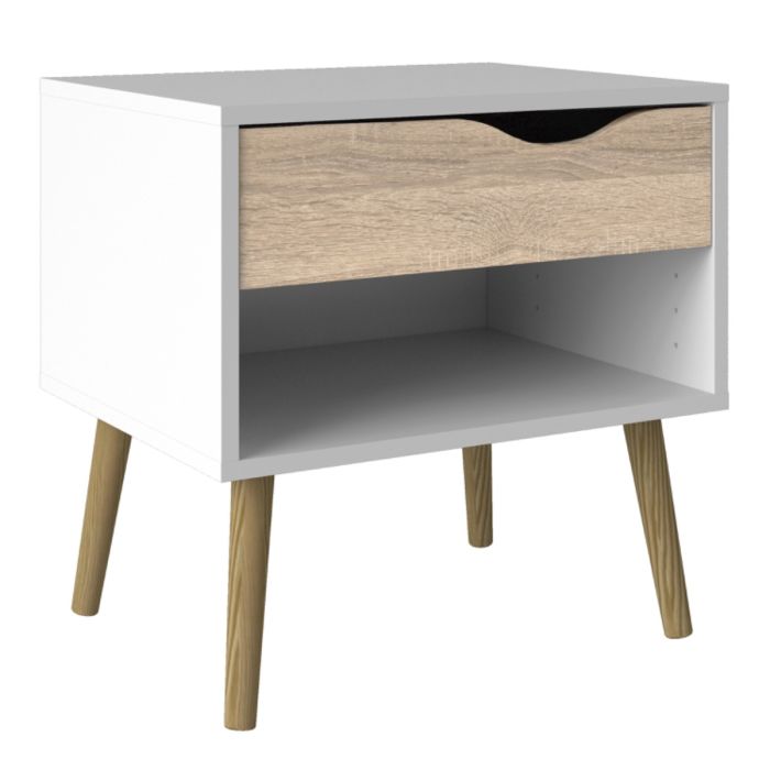 Oslo 4 Piece Bedroom Furniture Set – 1 Drawer Bedside, 5 Drawer Chest (2+3), 2 Door 2 Drawer Wardrobe & Double Bed in White & Oak