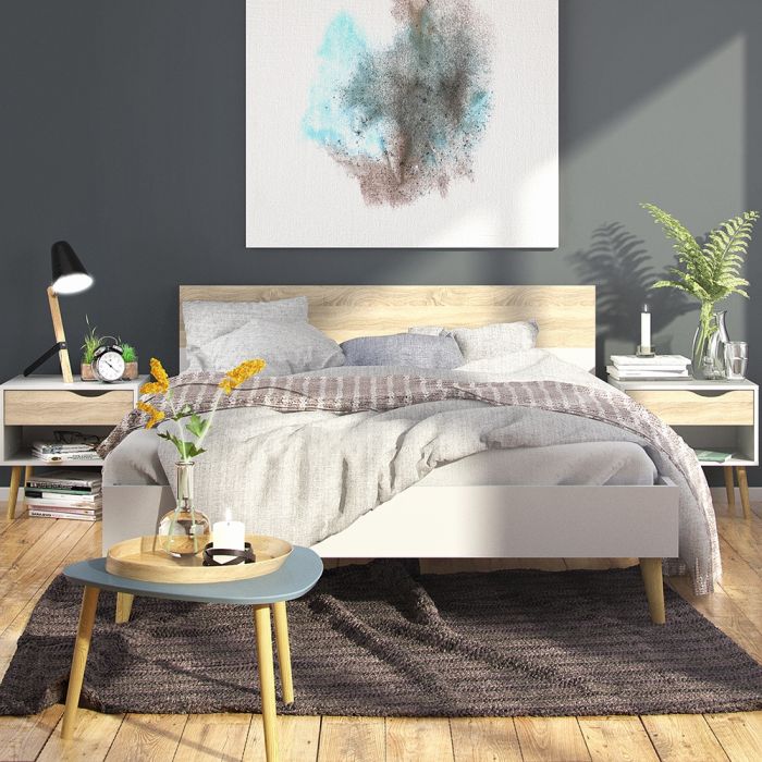 Oslo Euro Double Bed Frame 140 x 200cm in White and Oak Finish