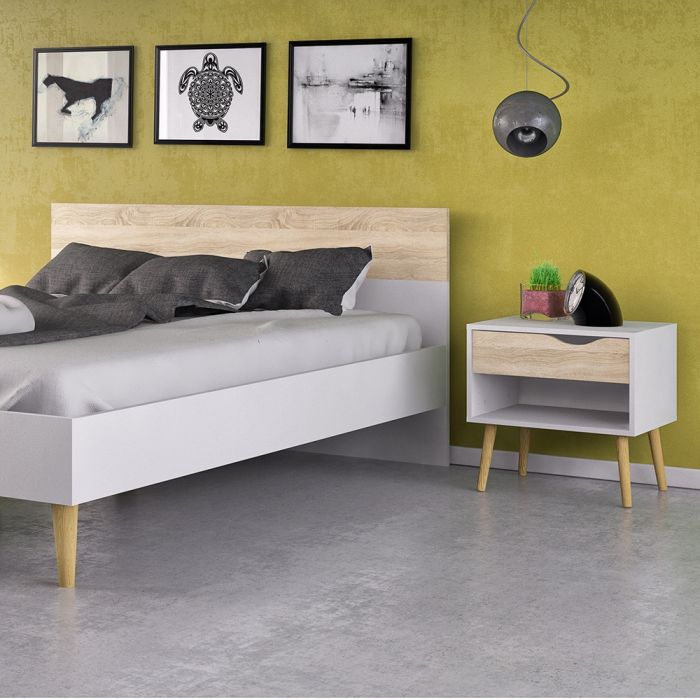 Oslo Euro Double Bed Frame 140 x 200cm in White and Oak Finish