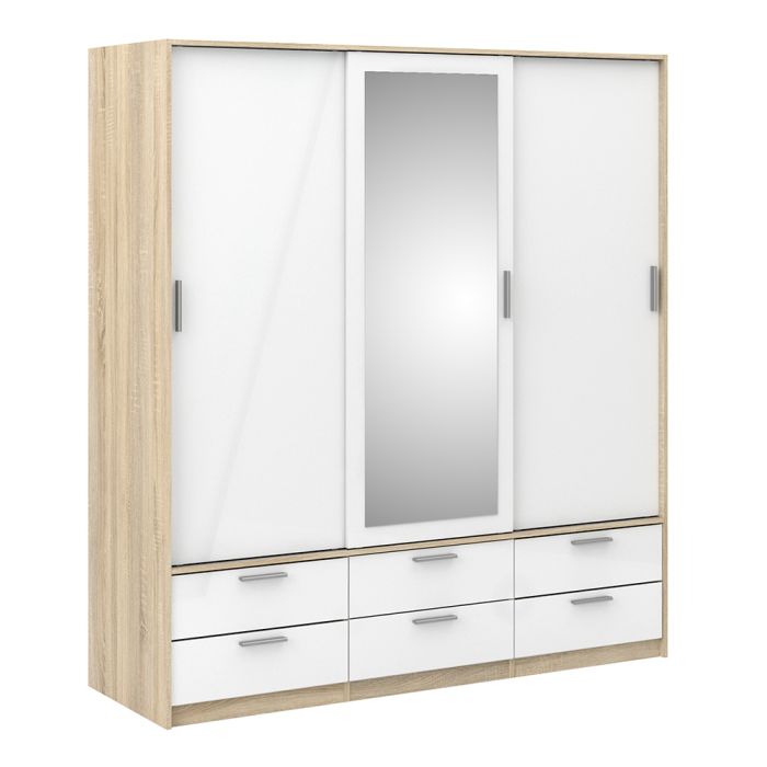 Line Wardrobe – 3 Door 6 Drawer in Oak with White High Gloss Finish