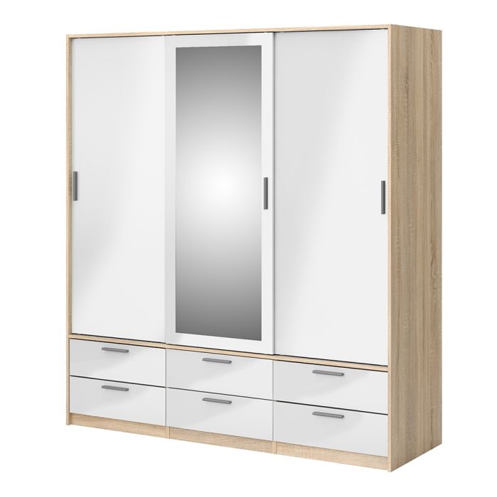 Line Wardrobe – 3 Door 6 Drawer in Oak with White High Gloss Finish