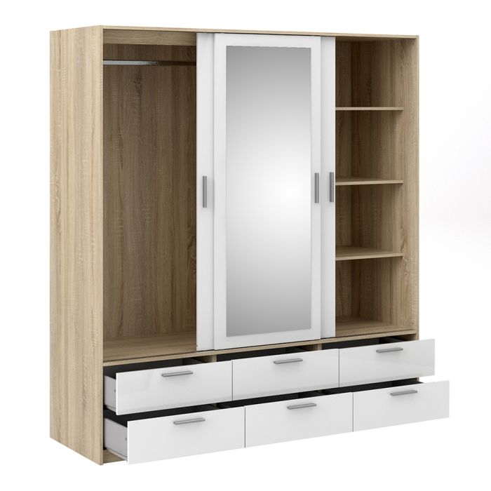 Line Wardrobe – 3 Door 6 Drawer in Oak with White High Gloss Finish