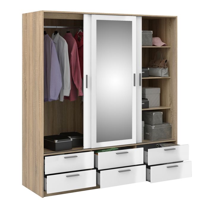 Line Wardrobe – 3 Door 6 Drawer in Oak with White High Gloss Finish