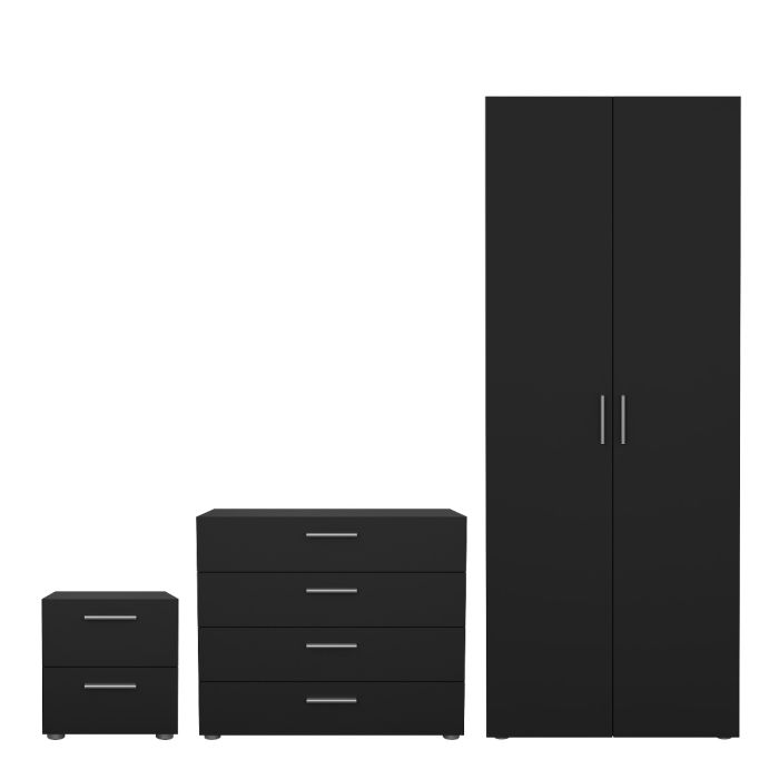Pepe 3 Piece Bedroom Furniture Set – 2 Drawer Bedside, 4 Drawer Chest & 2 Door Wardrobe in Black