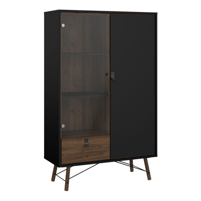 China Cabinet with 1 Door, 1 Glass Door & 1 Drawer in Matt Black Walnut – Ry Collection