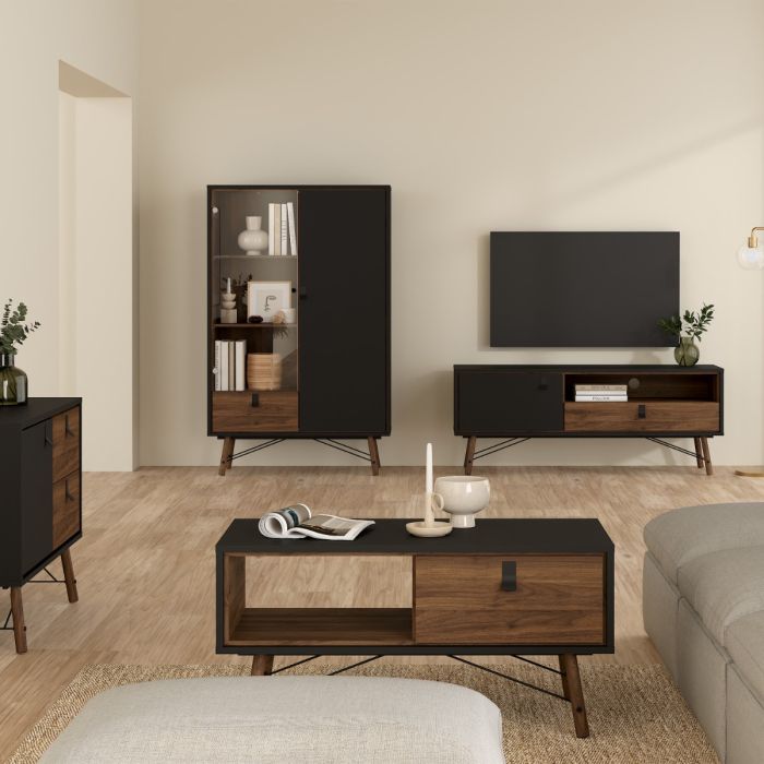 China Cabinet with 1 Door, 1 Glass Door & 1 Drawer in Matt Black Walnut – Ry Collection