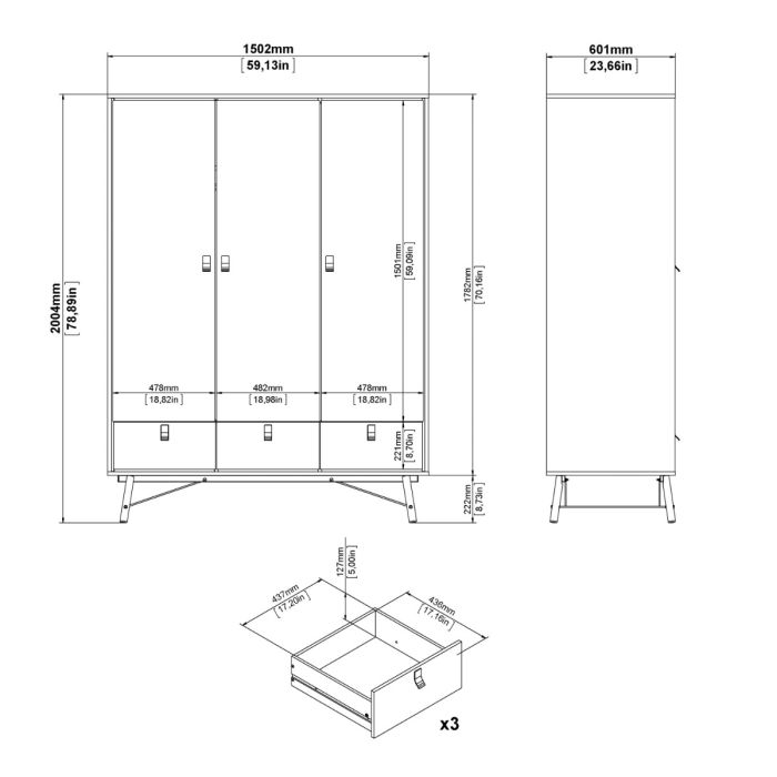 Ry 3 Door 3 Drawer Wardrobe in Matt Black Walnut – Modern Bedroom Storage