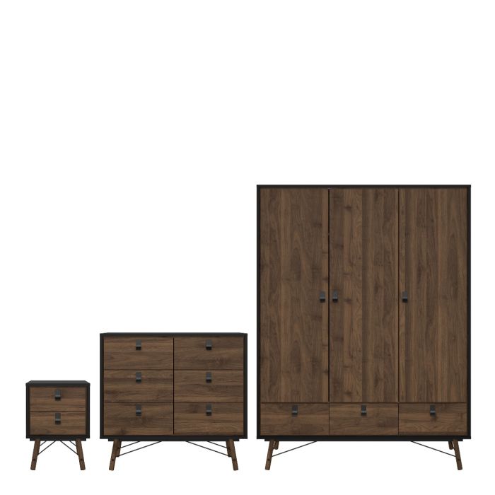 Ry 4 Piece Bedroom Package – 3 Door 3 Drawer Wardrobe, 6 Drawer Double Chest & 2 Drawer Bedside in Matt Black Walnut