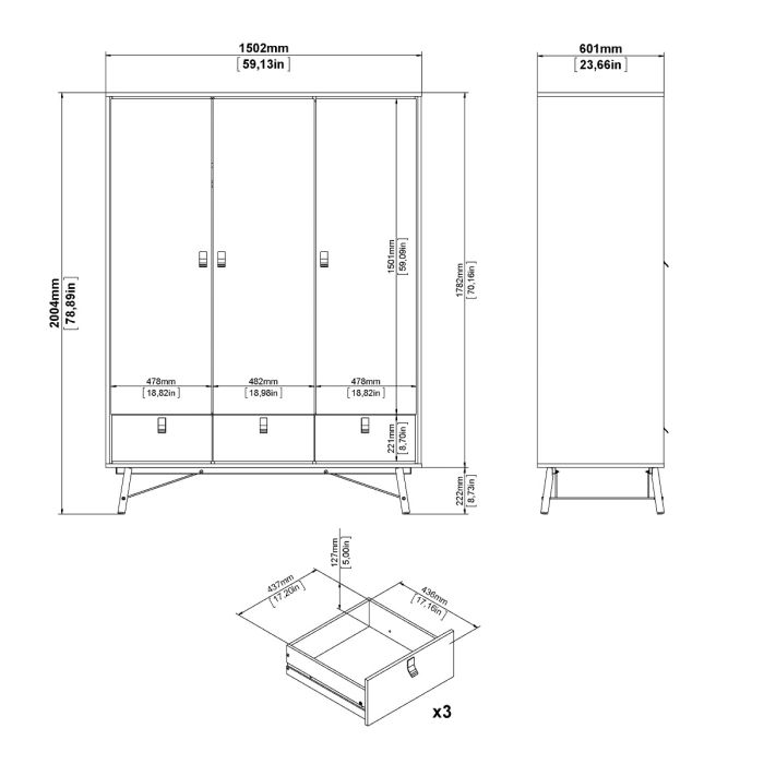 Ry 4 Piece Bedroom Package – 3 Door 3 Drawer Wardrobe, 6 Drawer Double Chest & 2 Drawer Bedside in Matt Black Walnut