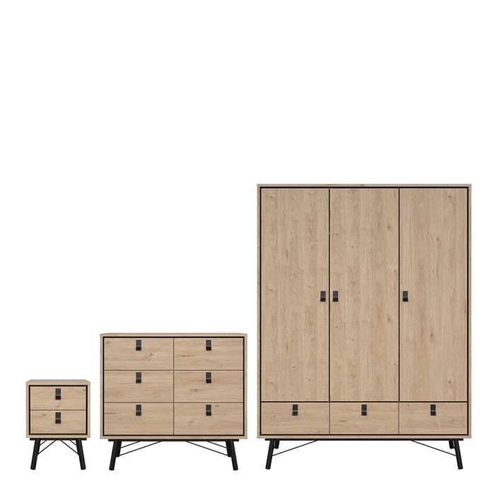 Ry 4 Piece Bedroom Package – 3 Door 3 Drawer Wardrobe, 6 Drawer Double Chest & 2 Drawer Bedside in Jackson Hickory Oak
