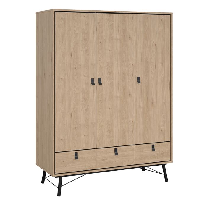 Ry 4 Piece Bedroom Package – 3 Door 3 Drawer Wardrobe, 6 Drawer Double Chest & 2 Drawer Bedside in Jackson Hickory Oak