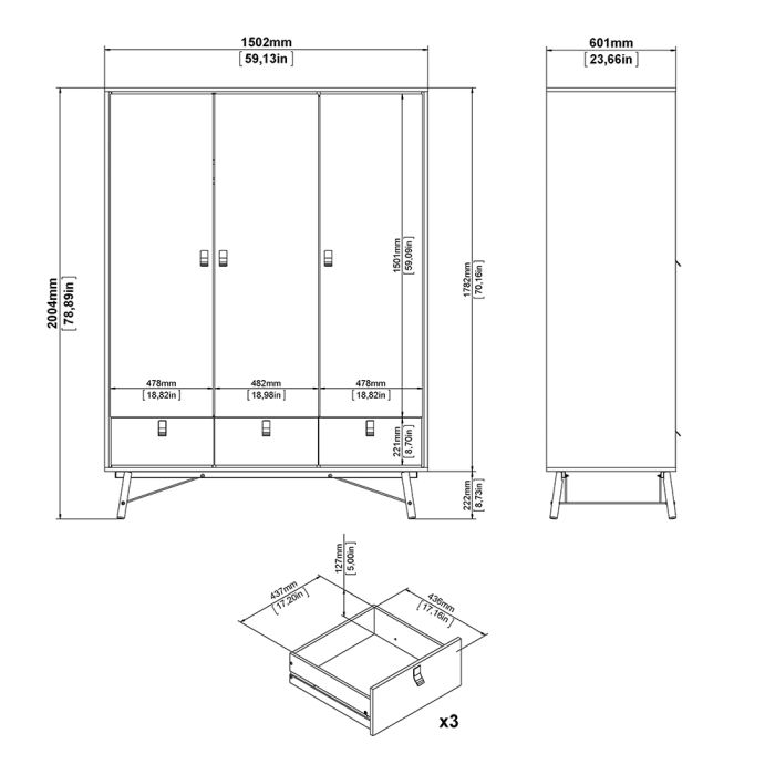 Ry 4 Piece Bedroom Package – 3 Door 3 Drawer Wardrobe, 6 Drawer Double Chest & 2 Drawer Bedside in Jackson Hickory Oak