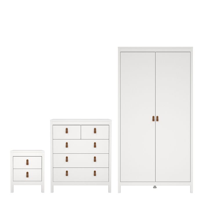 Barcelona 3 Piece Bedroom Furniture Package – 2 Drawer Bedside, 5 Drawer Chest & 2 Door Wardrobe in White