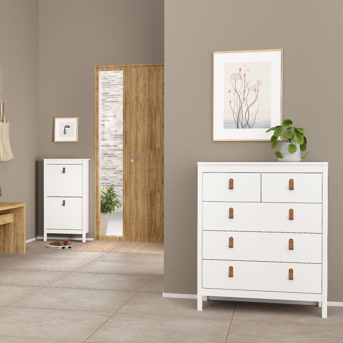 Barcelona 3 Piece Bedroom Furniture Package – 2 Drawer Bedside, 5 Drawer Chest & 2 Door Wardrobe in White