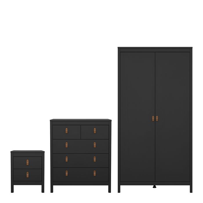 Barcelona 3 Piece Bedroom Furniture Package – 2 Drawer Bedside, 5 Drawer Chest & 2 Door Wardrobe in Matt Black