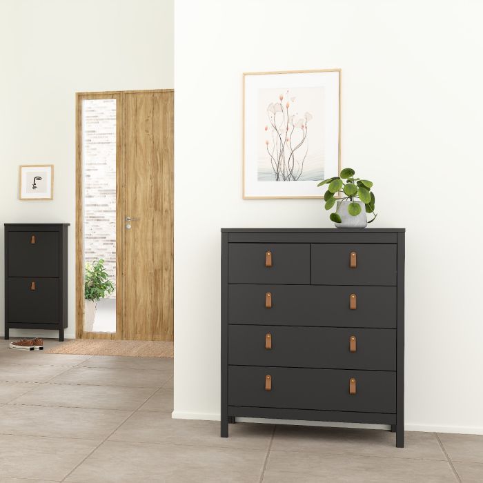 Barcelona 3 Piece Bedroom Furniture Package – 2 Drawer Bedside, 5 Drawer Chest & 2 Door Wardrobe in Matt Black