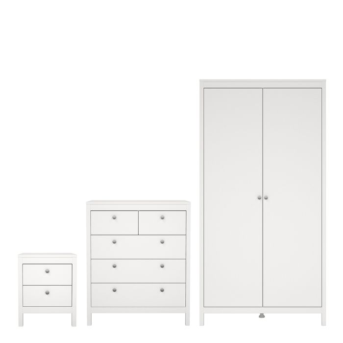 Madrid 3 Piece Bedroom Furniture Package – 2 Drawer Bedside, 5 Drawer Chest & 2 Door Wardrobe in White