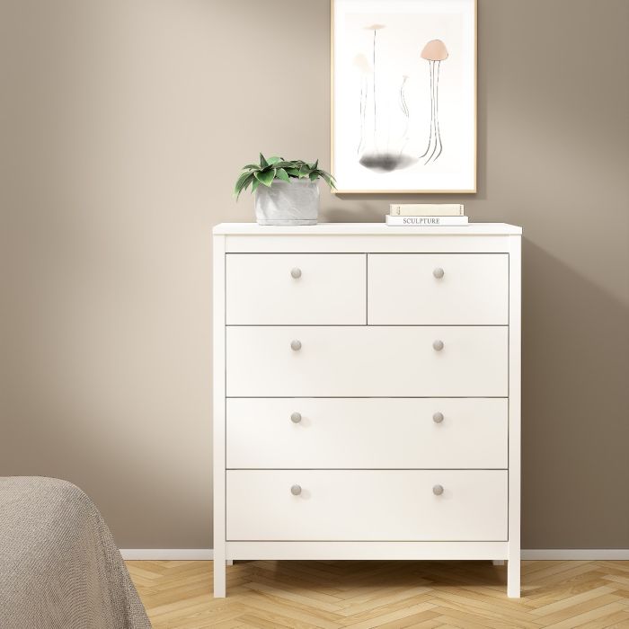 Madrid 3 Piece Bedroom Furniture Package – 2 Drawer Bedside, 5 Drawer Chest & 2 Door Wardrobe in White