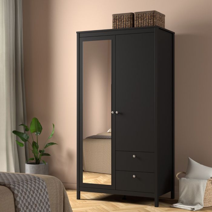 Madrid Wardrobe – Matt Black with 1 Door, 1 Mirrored Door & 2 Drawers