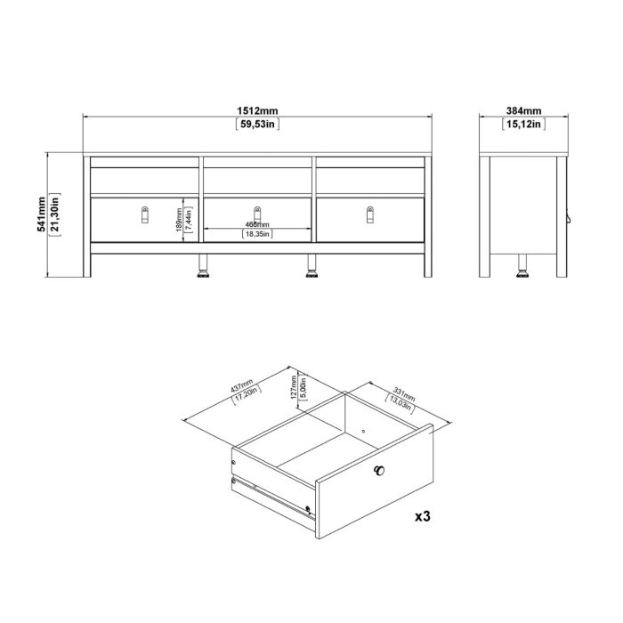 Madrid TV Unit with 3 Drawers in Matte Black Finish
