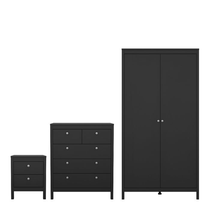 Madrid 3 Piece Bedroom Furniture Package – 2 Drawer Bedside, 3+2 Chest & 2 Door Wardrobe in Matt Black