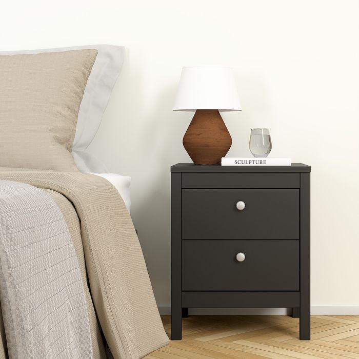 Madrid 3 Piece Bedroom Furniture Package – 2 Drawer Bedside, 3+2 Chest & 2 Door Wardrobe in Matt Black