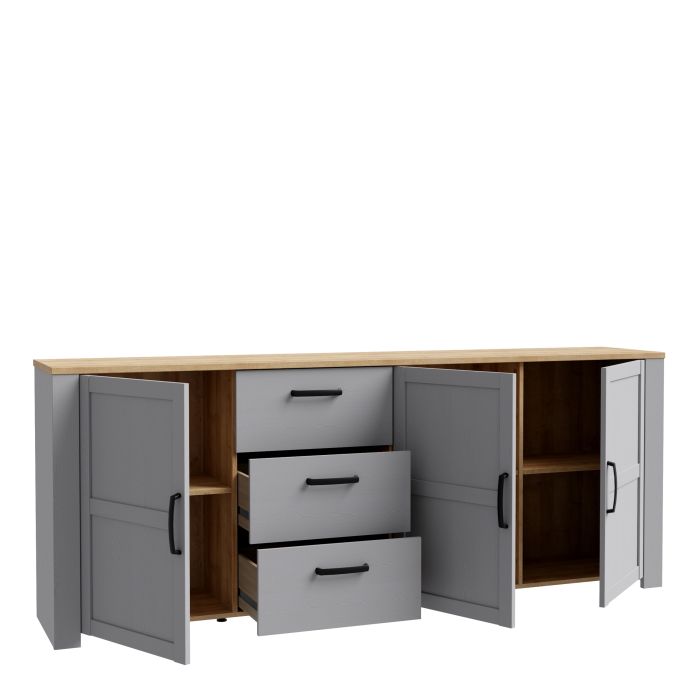 Bohol 3 Door 3 Drawer Large Sideboard in Grey/Riviera Oak