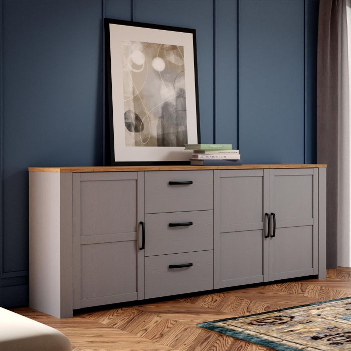 Bohol 3 Door 3 Drawer Large Sideboard in Grey/Riviera Oak