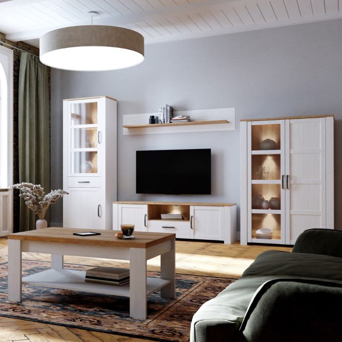 Bohol TV Unit with LED Lighting in White and Riviera Oak Finish