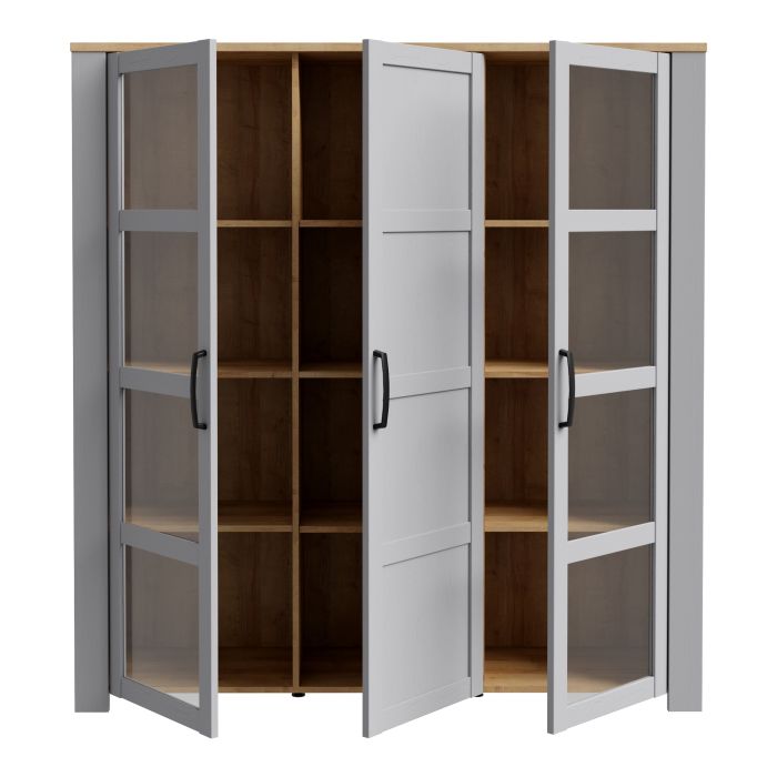 Bohol Large Display Cabinet with 3 Doors in Grey and Oak Finish