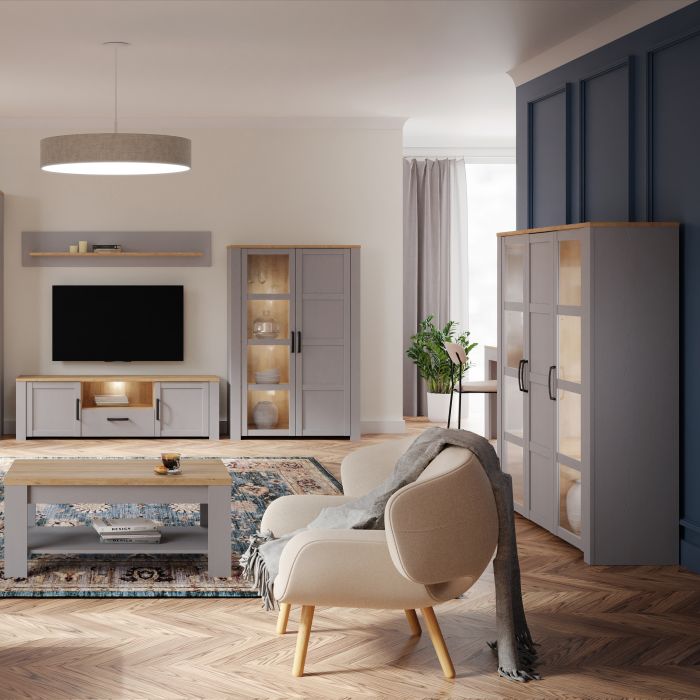 Bohol Large Display Cabinet with 3 Doors in Grey and Oak Finish